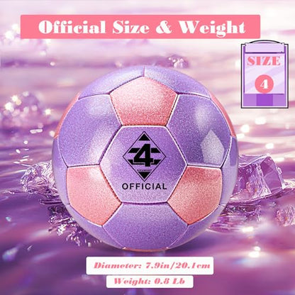 Glitter Pink Purple Soccer Ball Size 3 4 5 with Pump & Needle/Mesh Bag, Sofu PU Soccer Ball Kit for Indoor Outdoor Practicing Training Playing Gift Teens Youth Adults (Pink&Purple) (Size 4)