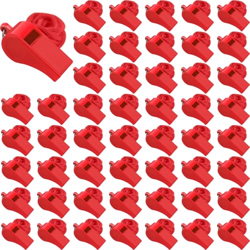 Mototo 50 PCS Plastic Whistle for Coach with Lanyard Loud Crisp Sound Red Sports Referee Whistle Bulk for Adults Coaches Referees Teachers Officials Polices Emergency Dog Training Lifeguard - color: Red
