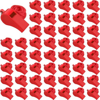 Mototo 50 PCS Plastic Whistle for Coach with Lanyard Loud Crisp Sound Red Sports Referee Whistle Bulk for Adults Coaches Referees Teachers Officials Polices Emergency Dog Training Lifeguard - color: Red