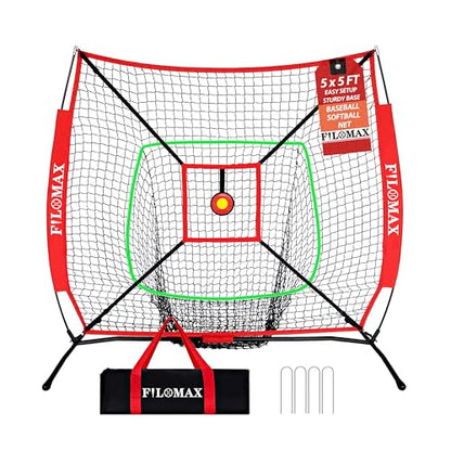 5x5 FT Baseball & Softball Practice Net with Red Strike Zone & Target | Youth Baseball & Softball Training Net for Hitting, Pitching, Batting |for Accurate Throwing Practice,Includes Carry Bag.