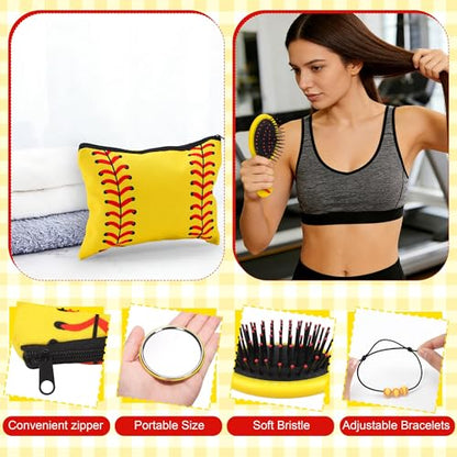 Elcoho 122 Pieces Softball Party Favors Set Softball Team Gifts with 12 Sets Makeup Bags, Hairbrushes, Mirrors, Headbands, Bracelets, Keychains and 50 Stickers for Sports Birthday Party Supplies