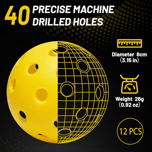6/12 Pack Outdoor Pickleball Balls - 40 Holes Pickleballs Durable, Perfectly Balanced, High Bounce True Flight - Pickle Balls Suitable for Beginners, Intermediate and Amateurs - size: 12 Pack