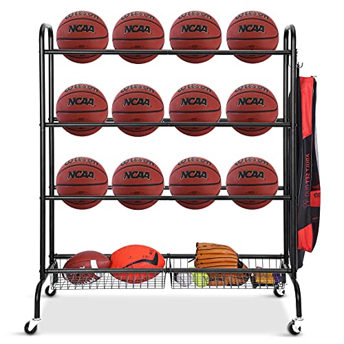 FHXZH Ball Storage Garage, Basketball Racks, Ball Holder, Rolling Sports Equipment Storage Cart with Baskets and Hooks, Garage Sports Equipment Organizer with Wheels