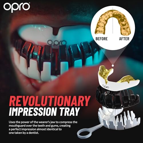 OPRO Instant Custom-Fit Mouthguard – Dentist Level Gum Shield Adult and Kids – OPRO Mouth Guard Boxing and MMA, Self-Fit Gum Shield Rugby – Maximum Protection with Dental Warranty (USA Gold) - color: Usa Gold, size: Adult (10+)