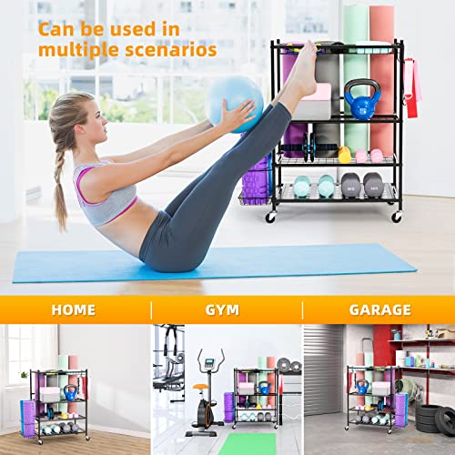 UMINEUX Yoga Mat Storage Racks, Home Gym Storage for Foam Roller, Dumbbells, Kettlebells, All in One Workout Equipment Storage Organizer with Hooks and Wheels