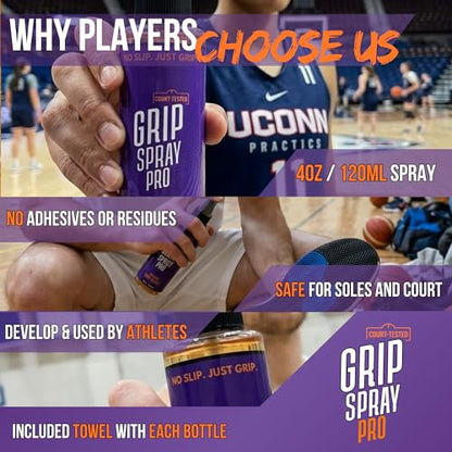Grip Spray Pro 4oz – #1 Grip Spray for Basketball Shoes + Microfiber Towel – Basketball Grip Spray | Anti-Slip Shoe Grip Spray for Indoor & Outdoor Courts