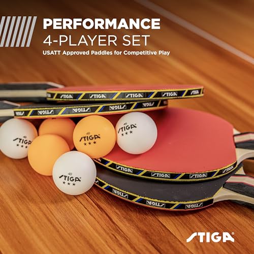 STIGA Performance 2 or 4 Player Table Tennis Set – USATT Approved Rackets and 3-Star Balls – 5-Ply Blade & Flared Handle – Perfect for Skill Development - style: 4 Player Set
