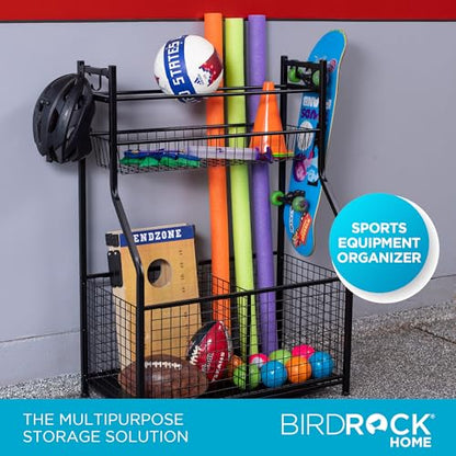 BIRDROCK HOME Sports Equipment Ball Organizer 43"H for Garage -Storage Rack - Baseball, Tennis, Football, Gym Gear - Wide Bin Basket - 4 Hooks - Kids Toy Holder - Hockey Stick Cage | Indoor - Outdoor