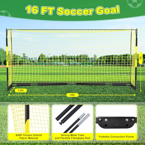 Soccer Goal, 12×6 ft /16×7 ft Portable Soccer Goals Net for Backyard, Quick Setup Training Equipment with 1 Carry Bag, 4 Ground Nails, 12 Training Cones - color: 16×7FT Black