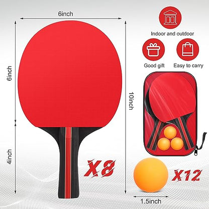 Liliful 8 Pcs Table Tennis Paddle Set Included 8 Table Tennis Rackets with 12 Balls and 4 Carry Case Portable Sport Accessories for Adults and Family Indoor Outdoor Sport