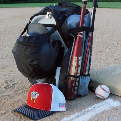 Baseball Backpack with Cleat Pocket | Large Capacity | 19.5" T x 14" W x 7.5" D | Holds 4 Bats | External Helmet Storage - color: Black / Gray