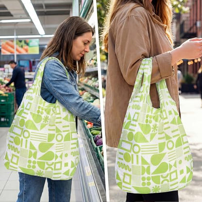 Stelle Lightweight Reusable Grocery Bag with Handles Ripstop Nylon Foldable Tote Shopping Bags for Travel and Groceries - color: Green Geometry