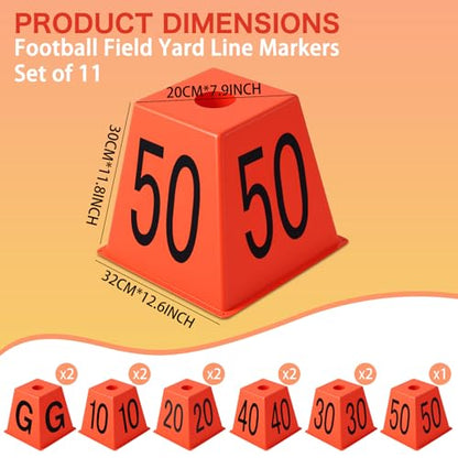 Set of 11 Football Field Yard Line Markers Orange High Visibility Stackable Portable 4 Sided Field Yardage Markers for Football Training