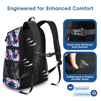 KAVIGOR Baseball Bag for Youth and Adult, Softball Backpack 40L Large Capacity, Bat Backpack with Shoes Compartment and Hidden Helmet Holder - color: Pink Camo