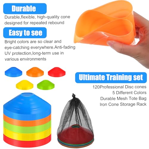 Lemecima 120-Pack Agility Soccer Cones with Portable Carry Bag - Premium Disc Cones for Sports Training, Football, Basketball, Coaching & Practice Equipment (5 Colors)