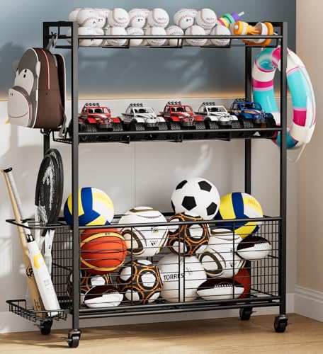 Large Garage Sports Equipment Organizer with Wheels, 3-Tier Ball Storage Rack for Basketballs, Soccer Balls & Sports Gear, Outdoor Sports Organizer with Bat Holder& Hooks, Toy Storage– 31"W - size: 31" Wide