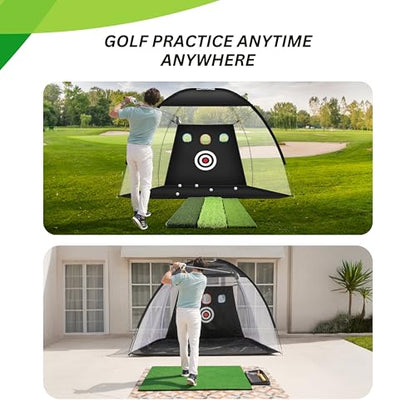 Golf Hitting Net 10x7FT with Tri Turf Mat, Golf Nets for Backyard Driving Real Golf Balls with 10 Balls, 4 Ground Stakes, 6 Windproof Sandbags, Rubber Tee, Tray and Carry Bag Indoor/Outdoor Use