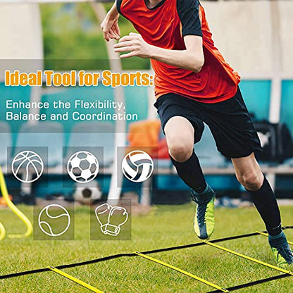 Sports Speed Agility Set 12 Disc Cones 4 Steel Stakes and Agility Ladder for Football Basketball Rugby