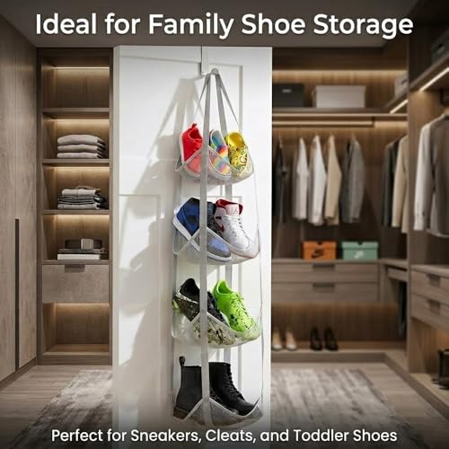 4-Tier Over the Door & Wall Mountable Sports Ball Organizer - Hanging Mesh Rack for Basketball, Helmets, Sneakers & Toys - 12" Extra Wide Pocket Storage for Garage, Nursery & Kids Room, Grey