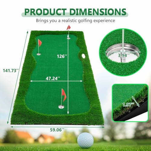 Golf Putting Green Mat 12x5 FT Indoor Outdoor Practice Training Aid with 3 Holes, Cups and Flags, Premium Turf, Slope Pads and Movable Cup for Home, Office, Backyard