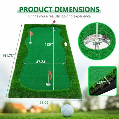 Golf Putting Green Mat 12x5 FT Indoor Outdoor Practice Training Aid with 3 Holes, Cups and Flags, Premium Turf, Slope Pads and Movable Cup for Home, Office, Backyard