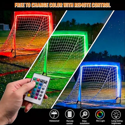12Ft Soccer Goal Lights for 3x4Ft Net, 16 Color Changing LED Strip with Controller, Waterproof Glow in the Dark Night Training Gear, Impact Resistant, Also fits Field Hockey (No Net)
