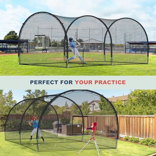 SHANTRA Batting Cage with Frame and Net, 13/22/30FT Baseball Batting Cage for Backyard, Baseball & Softball Hitting Cage Netting for Outdoor Hitting & Pitching Practice, Softball Baseball Cage - style: 22×13×9ft,Enclosed Door & Pitching Machine Hole