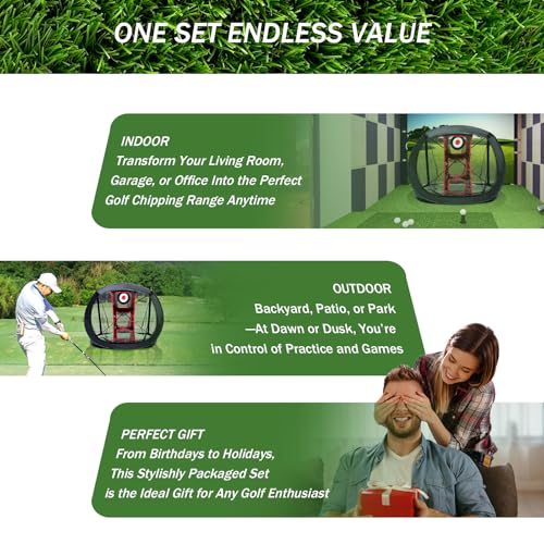 Golf Chipping Net Set with Mat & 12 Practice Balls – All-in-One Golf Training Kit – Portable, Easy Setup for Backyard & Indoor Use – Great Gift for Golfers and Beginners