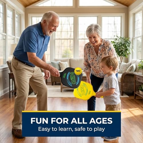 Nero Sport Silent Ninja Pickleball Set for Kids and Beginners, Quiet Foam Paddles and Ball for Indoor and Outdoor Play, Low-Noise Family Paddle Game, 2 Paddles + 1 Ball