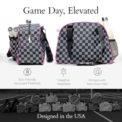 Pik’le’Ball Sport Premium Women's Pickleball Bag – Stylish and Versatile Sports Bag with Water Bottle Holder, Padded Paddle Pocket, and Spacious Design (fits 2+ Paddles!) - color: Checkered Chic Black