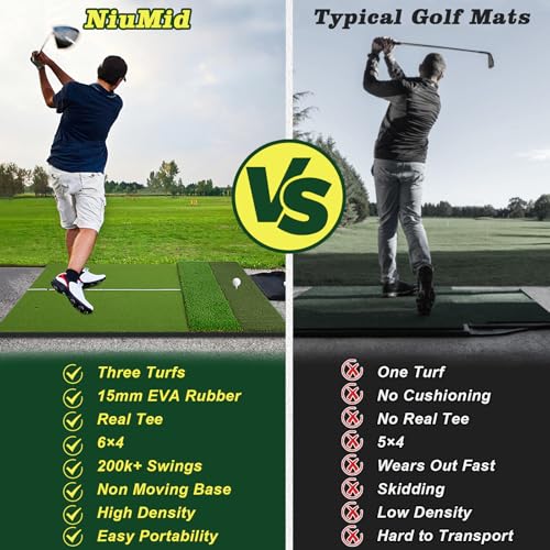 Tri-Turf Premium Golf Hitting Mat, 6x4ft Extra Large, 50mm/55mm/31mm Extra Thick, Non-Slip Foam Base, Dense Artificial Grass, Accept Real Tees, Indoor & Outdoor Practice, Drive/Chip/Pitch, with Tees