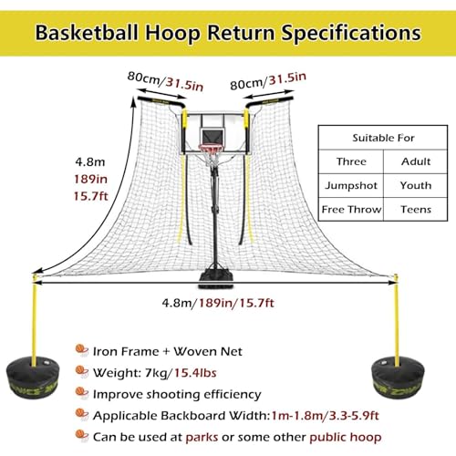 Large Basketball Return Attachment for Hoop, Ball Shot Trainer with 16x16ft Net, Automatic Ball Rebounder 90° Rotatable, Hoop Rebound Back Netting Attachment for Yard, Home & Residential Use(Shooting