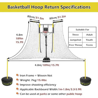 Large Basketball Return Attachment for Hoop, Ball Shot Trainer with 16x16ft Net, Automatic Ball Rebounder 90° Rotatable, Hoop Rebound Back Netting Attachment for Yard, Home & Residential Use(Shooting