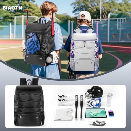 Softball Bag for Youth Adult, Large Leather Baseball Bat Backpack with Shoe Compartment, Waterproof Baseball Bag with Fence Hook for TBall Bat & Equipment