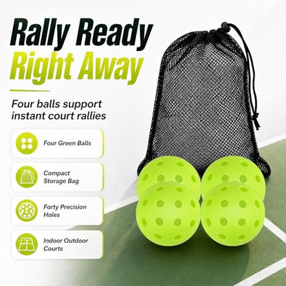 4 Pack of Outdoor/Indoor Pickleball Balls | Crack-Resistant 40 Holes Outdoor Pickleball Balls with Storage Bag | Perfectly Balanced High Bounce - Pickle Ball for Training & Tournament Play (Green)