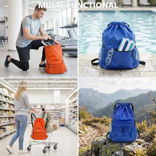 Drawstring Backpack 2 Pack, Water-Resistant Gym Bag with Water Bottle Pocket for Soccer Basketball, Sports, Lightweight Sports Backpack for Men Women (Orange+Blue)