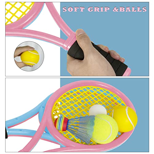 Kids Tennis Rackets with Carrying Bag,Soft Training Balls and Badminton Birdies,12 in 1 Tennis Racquets Gift Set for Children Outdoor Indoor Sports