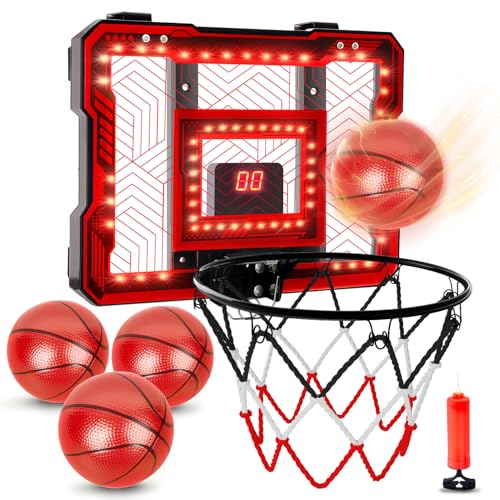 Indoor Mini Basketball Hoop, Over the Door Basketball Hoop with LED Lights/Scoreboard/4 Balls, Upgraded Reinforced Backboard Frame, Basket Ball Toys Gift for Kids Ages 3-5-12+ Boys Girls - color: Red Black