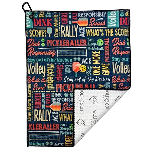 Wolf Golf Towels Pickleball Towel | Pickleball Gifts | Paddles, Balls and Phrases | Sport Towel | Retirement Gift - color: Phrase Collage