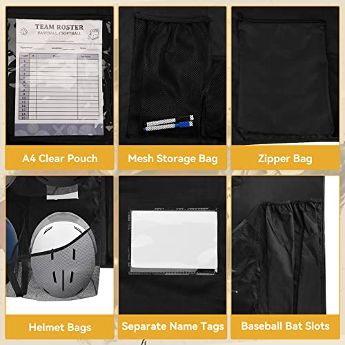 QBA Hanging Helmet Bag for Baseball Softball Team, Helmet Organizer for Dugout Fence Garage, Hold Up to 15 Players Helmets 4 Bats with Name Cards Roster Line Up, Black