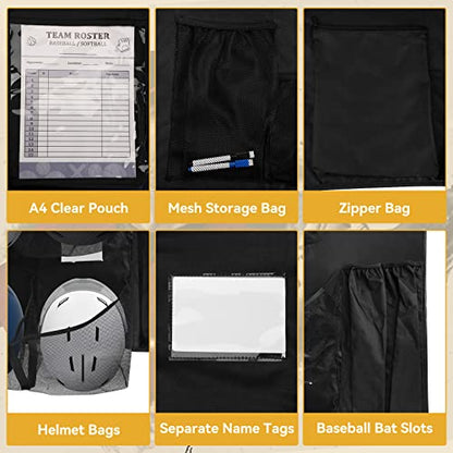 QBA Hanging Helmet Bag for Baseball Softball Team, Helmet Organizer for Dugout Fence Garage, Hold Up to 15 Players Helmets 4 Bats with Name Cards Roster Line Up, Black
