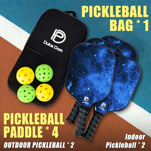 Dulce DOM Pickleball Paddles Set of 2/4 - USAPA Approved, 4 Indoor Outdoor Pickleball Balls, Fiberglass Surface Paddle Racket with Cover Bag, Ideal Training Equipment Gift for Men & Women