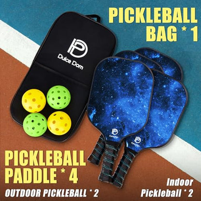 Dulce DOM Pickleball Paddles Set of 2/4 - USAPA Approved, 4 Indoor Outdoor Pickleball Balls, Fiberglass Surface Paddle Racket with Cover Bag, Ideal Training Equipment Gift for Men & Women