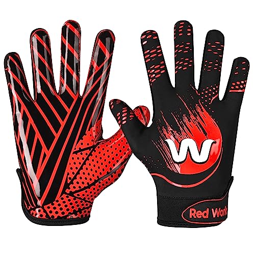 RED WORLD Football Gloves for Youth and Adult, Sticky Receiver Gloves for Boys and Men, Enhanced Performance for Youth and Adult Football Game. - color: Red, size: Youth Medium
