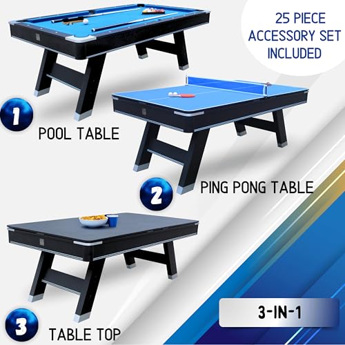 Freetime Fun 7 ft Multi-Game Table. Billiards, Table Tennis and Handy Serving Table. Get Two Great Games on This Stylish, Solid Table, for The Price of One! All Game Accessories Included.