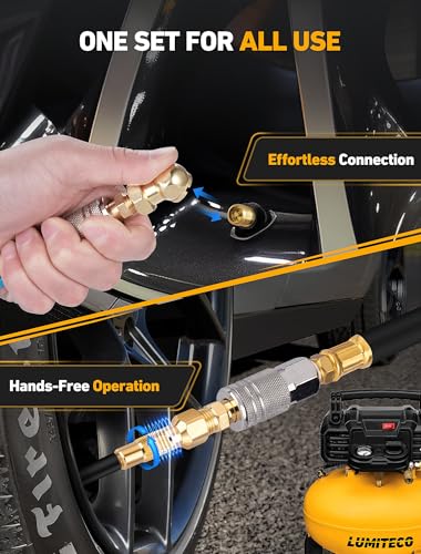 LUMITECO 2-Pack Heavy Duty Air Chuck Set,Screw On Tire Inflator Nozzle & Closed Ball Tire Chuck with 1/4" NPT Standard Quick Plug, Tire Air Chuck w/Presta Valve & Air Pump Ball Needle Set
