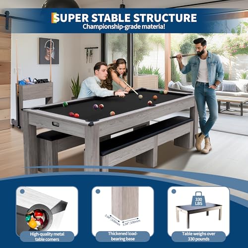 7FT 3-in-1 Pool Table with Dining Top & Table Tennis | Convertible Billiard Table for Home Game Room | Complete Set with Cues, Balls, Ping Pong Paddles, Net & Rolling Storage Caddy | Wood Grain Finish - color: Black 3 in 1