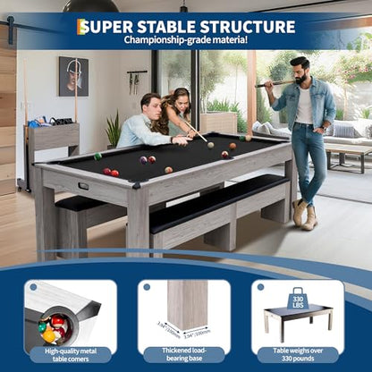 7FT 3-in-1 Pool Table with Dining Top & Table Tennis | Convertible Billiard Table for Home Game Room | Complete Set with Cues, Balls, Ping Pong Paddles, Net & Rolling Storage Caddy | Wood Grain Finish - color: Black 3 in 1