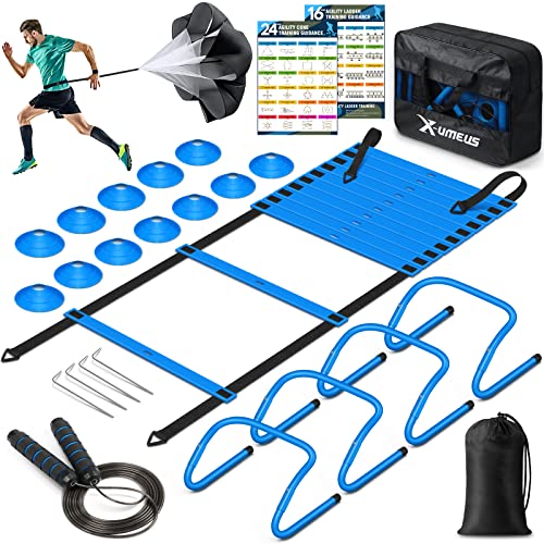 X-UMEUS Agility Ladder Speed Training Equipment Set-20ft Agility Ladder,12 Soccer Cones,4 Hurdles, Jump Rope, Running Parachute| Basketball Football Soccer Training Equipment for Kids Youth Adults - color: Blue