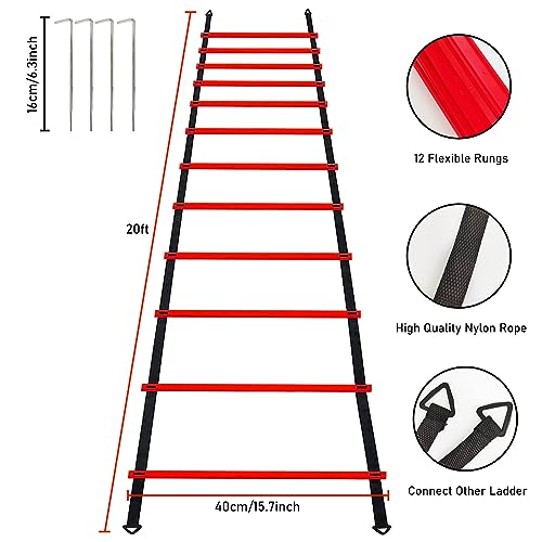 Pro Speed & Agility Training Set—Includes 12 Rung 20ft Adjustable Agility Ladder with Carrying Bag, 12 Disc Cones, 4 Steel Stakes, 1 Resistance Parachute, Use Equipment to Improve Footwork Any Sport